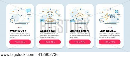 Set Of Technology Icons, Such As Consultant, Swipe Up, Time Symbols. Quickstart Guide Line Icons. Ve