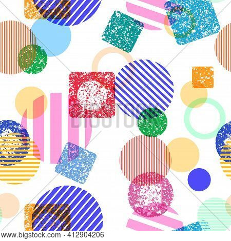 Geometric Seamless Pattern With Circles And Rings. Retro Fashion 80s Background For Wrapping Paper, 