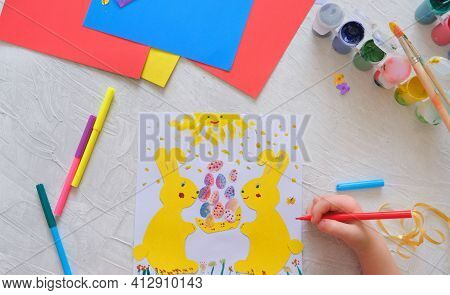 Child Making Card With Easter Bunnies  From Colorful Paper. Applique. Handmade. Project Of Children'