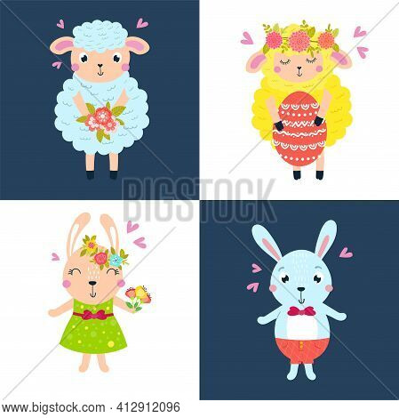 Set Of Easter Lamb And Rabbit In Different Poses On A Colored Background.