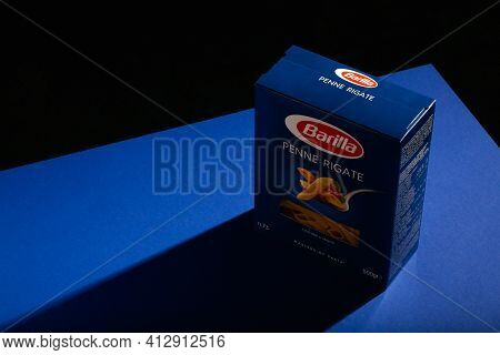 Prague,czech Republic - 10 March ,2021: Barilla Penne Rigate On The Blue Table.  Barilla Is An Itali