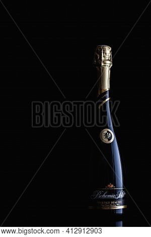 Prague,czech Republic - 5 January,2021: The Detail Of Bottle Bohemia Sekt On The Black Background. I
