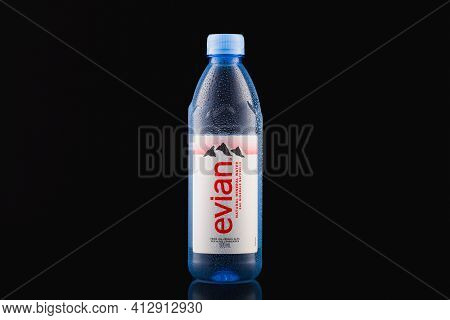 Prague,czech Republic-17 January, 2021: Evian Natural Mineral Water On The Black Background. Evian I