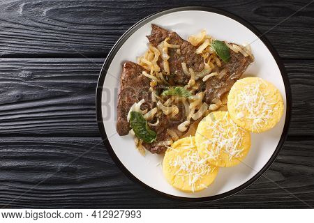 Italian Venetian Food Beef Liver With Onion And Sage, Served With Polenta Close-up In A Plate On The