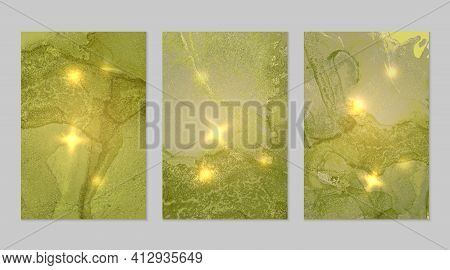 Set Of Marble Patterns. Green And Gold Geode Textures With Glitter