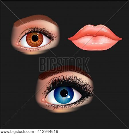 Set Of Beautiful Female Eyes With Extended Eyelashes And Shining Mouth With Glossy Lips. Black Backg