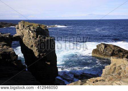 Yesnaby - Orkney (scotland), Uk - August 07, 2018: Yesnaby Cliffs Area, Stromnessr, Orkney, Scotland
