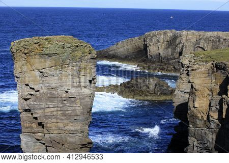 Yesnaby - Orkney (scotland), Uk - August 07, 2018: Yesnaby Cliffs Area, Stromnessr, Orkney, Scotland