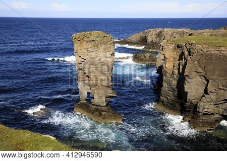 Yesnaby - Orkney (scotland), Uk - August 07, 2018: Yesnaby Cliffs Area, Stromnessr, Orkney, Scotland
