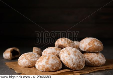 Tasty Homemade Gingerbread Cookies On Grey Table, Space For Text