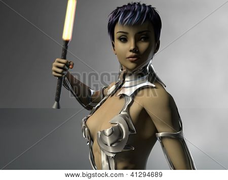 lightsaber ile gelecekteki savaşçı kız