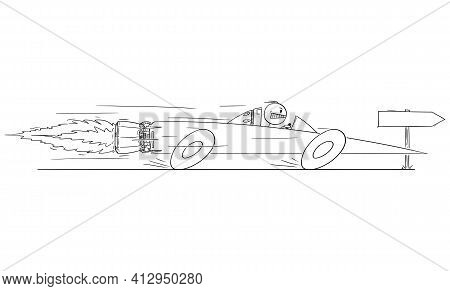 Man Or Businessman Driving Superfast Rocket Car, Vector Cartoon Stick Figure Illustration