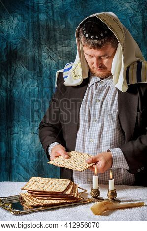 Jewish Men Is Blessing On Matzah Unleavened Bread They Celebrate Seder