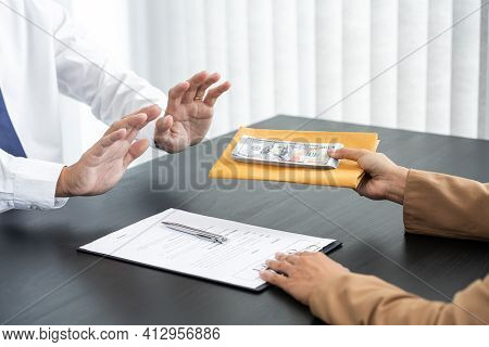 Businessman Partner Hand Gesture Rejecting Refusing Money, Anticorruption Concept