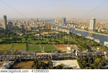 Cairo-egypt - October 04, 2020: Beautiful City Overview From Cairo Tower And Car Traffic During Day.