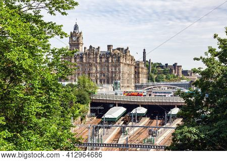 Edinburgh, UK - Aug 9, 2012: Waverley Train Station as seen from the Mound