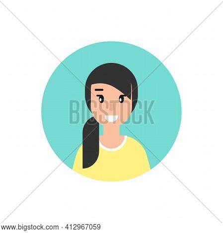 Girl With Smile Avatar. Cute Happy Woman Face Flat Icon In Blue Circle Isolated On White. Person Cha