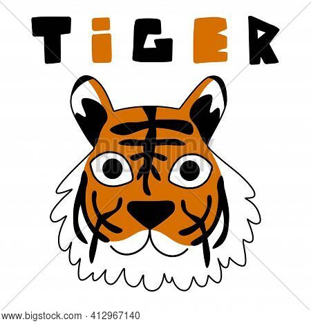 Cartoon Tiger Clipart Stock Vector Illustration. Friendly Tiger Face And Hand Drawn Tiger Word. Simp