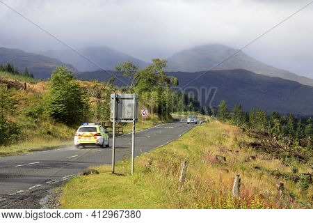 Loch Awel (scotland), Uk - August 15, 2018: The Landscape Near Loch Awe, Scotland, United Kingdom
