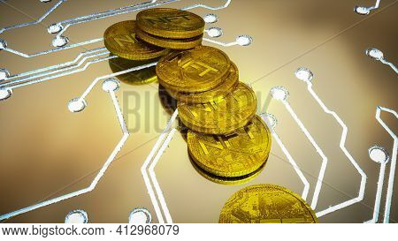 Several Gold Three-dimensional Coins With The Inscription Nft. Background Concept Of Crypto Art. 3D
