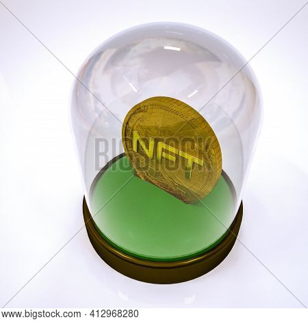 Gold Stylized Coin With The Inscription Nft In A Case Under A Glass Cover. Crypto Art Concept. 3D Re