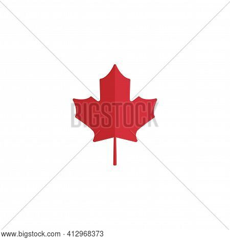 Flat Red Maple Leaf With Little Stem. Vector Icon. Isolated On White. Autumn Single Leaf Silhouette.