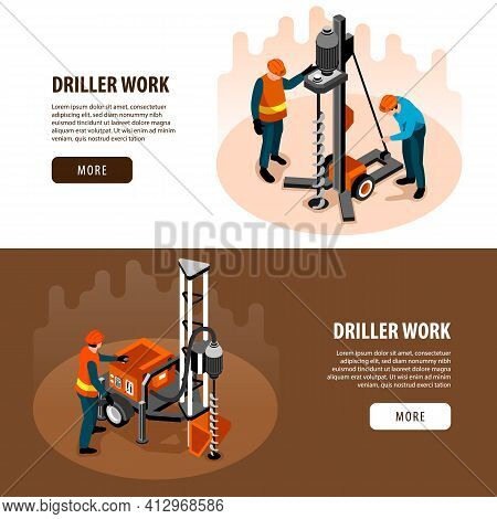 Driller Engineer Work Equipment Machinery 2 Isometric Horizontal Web Banners With Well Drilling Proc