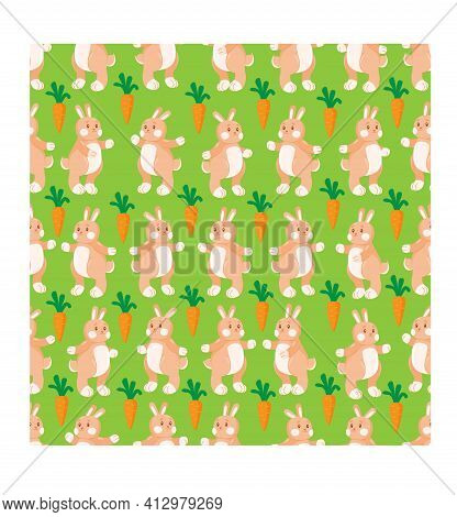 Seamless Pattern With Rabbit And Carrots. Cute Hare Pattern. Bunny On A Green Background. Stock Vect