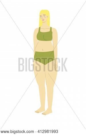 Blond Woman In A Swimsuit With A Healthy Body. Beautiful Girl In A Swimsuit. Body Positivity And Fem