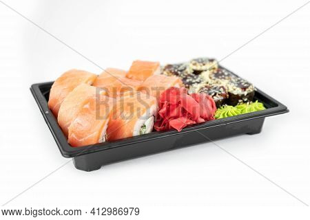 Take Away Sushi In Plastic Containers, Philadelphia Rolls And Unagi Maki, Soy Sauce, Pink Ginger, Wa