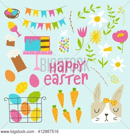 Easter Clipart Set. Flat Hand Drawn Elements For Spring Holiday Celebration.