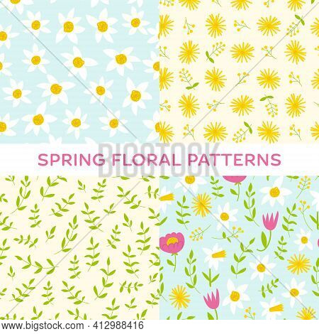 Spring Floral Pattern Set. Flat Hand Drawn Garden Flowers On Cute Light Background.