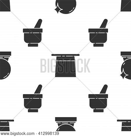 Set Magic Ball, Magician Hat And Magic Mortar And Pestle On Seamless Pattern. Vector