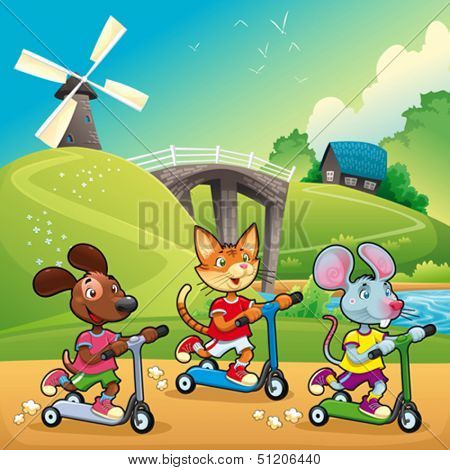 Pets are going for a ride in the countryside. Cartoon and vector illustration