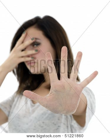 Business Woman Showing Stop Gesture. Focus On Hand