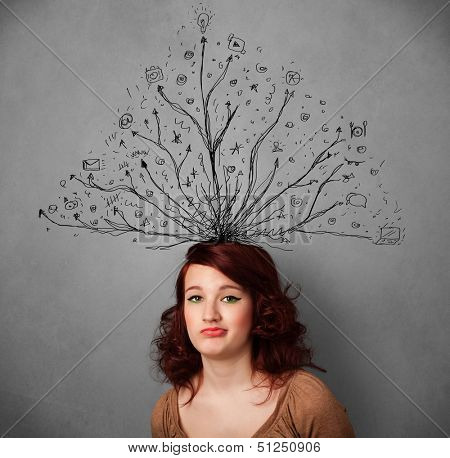 Pretty young woman thinking with tangled lines coming out of her head