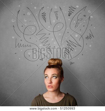 Pretty young woman deciding with sketched arrows over her head