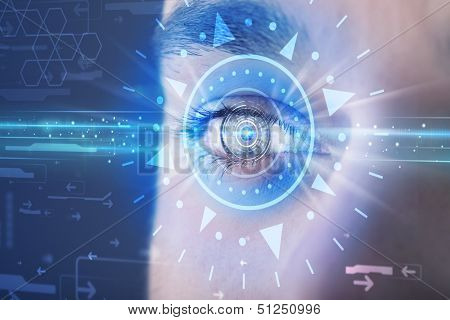 Modern cyber man with technolgy eye looking into blue iris