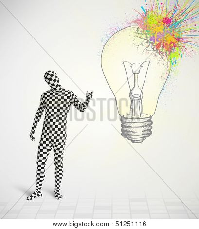 3d human character is body suit morphsuit looking at abstract colorful lightbulb