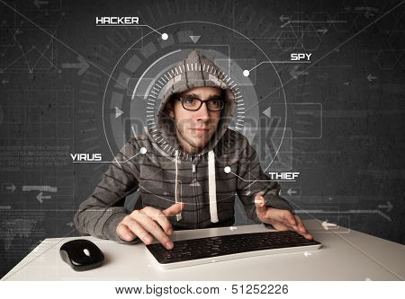 Young hacker in futuristic enviroment hacking personal information on tech background