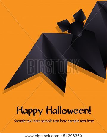 Black Origami Bat On Orange Background. Halloween Background.