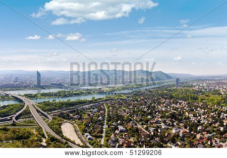 Panorama Of Vienna With Danube River And Highway Junction