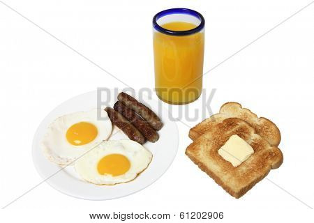 Breakfast still life with glass of orange juice, toast with butter, fried eggs, and sausage, on white background