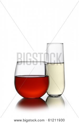 Red and white wine in stemless glasses cutout, isolated on white background