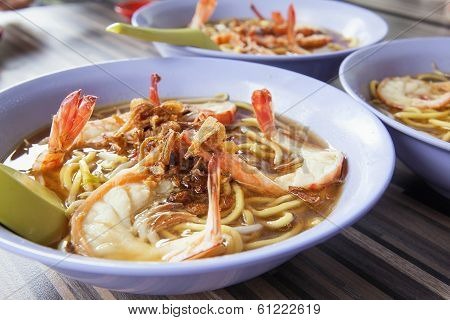 Hokkien Soup Prawn Noodles Bowls Closeup