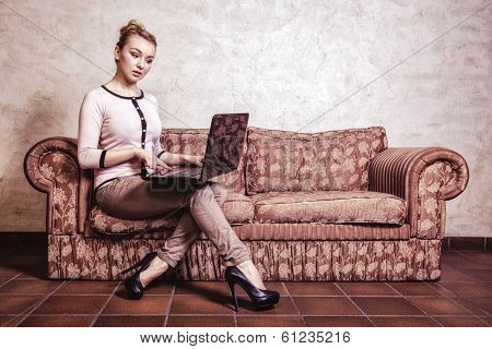 Business Woman Using Computer. Internet Home Technology. Vintage Photo.