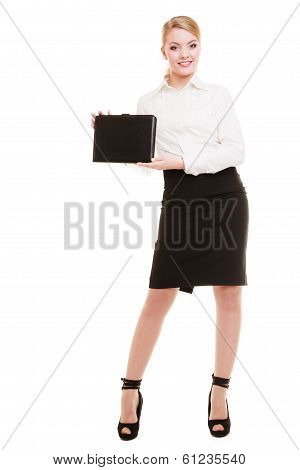 Full Length Of Young Businesswoman Showing Document Case