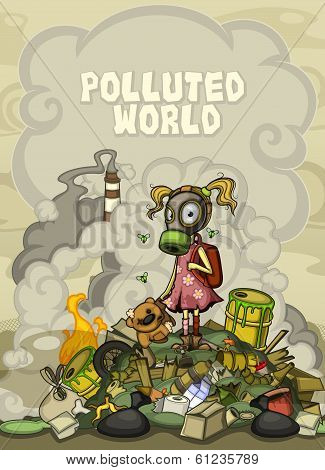 Child in a gas mask standing on a pile of garbage. With space for text top