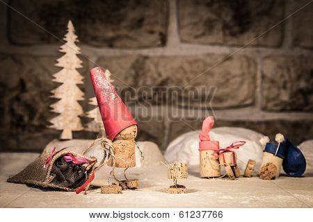Wine Cork Figures, Concept Santa Claus With Presents
