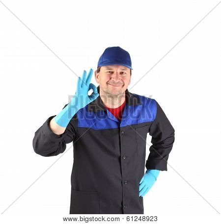Worker with sign okey.